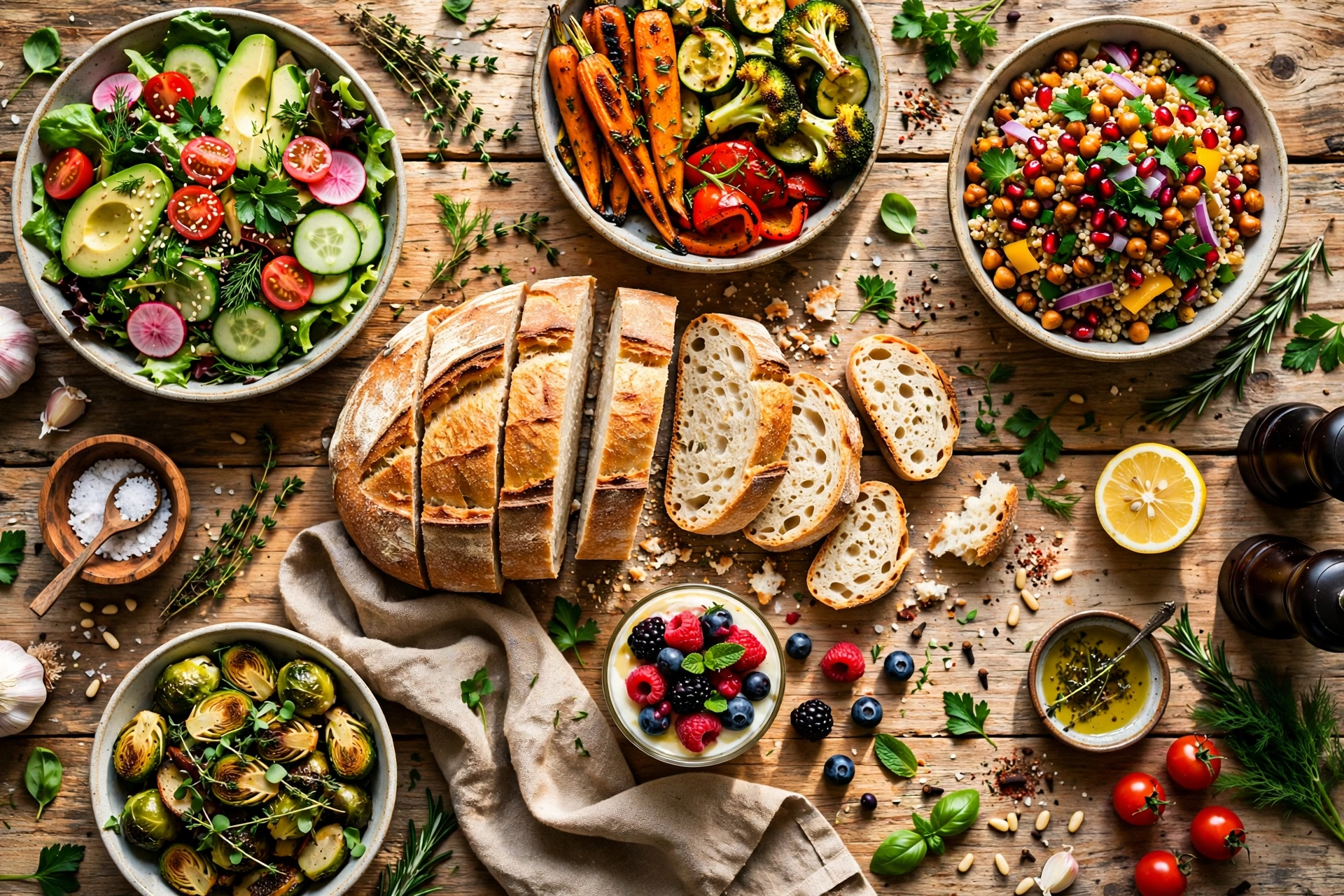 Fresh homemade dishes on a rustic table